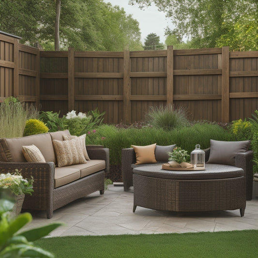 A serene backyard patio with a sleek, brown wicker storage bench, a matching ottoman, and a few potted plants, surrounded by a lush green lawn and a wooden fence.