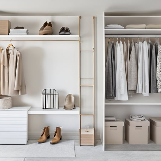 A serene, minimalist closet with a neutral color palette, featuring a few high-quality, designer garments on sleek, chrome hangers, and a few pairs of shoes aligned on a wooden shelf.