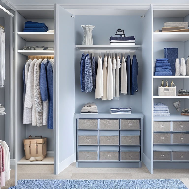 A serene, well-lit closet interior with EZSTAX organizers: stackable shelves, hanging rods, and compartments filled with neatly folded clothes, shoes, and accessories, showcasing optimal storage and minimal clutter.