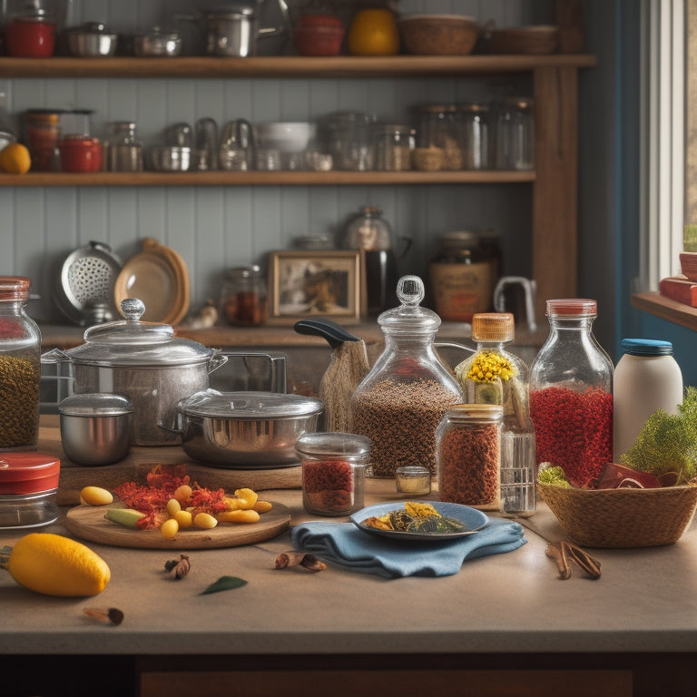 A cluttered kitchen counter with scattered utensils, appliances, and cookbooks, contrasted with a tidy section featuring a utensil organizer, a spice rack, and a few neatly arranged jars.