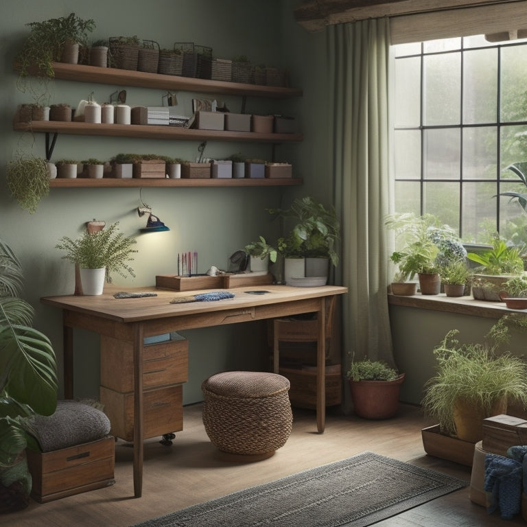 A serene, well-lit sewing room with a large, wooden worktable in the center, surrounded by neatly labeled storage bins, a thread organizer on the wall, and a few strategically placed plants.