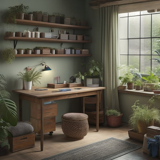 A serene, well-lit sewing room with a large, wooden worktable in the center, surrounded by neatly labeled storage bins, a thread organizer on the wall, and a few strategically placed plants.