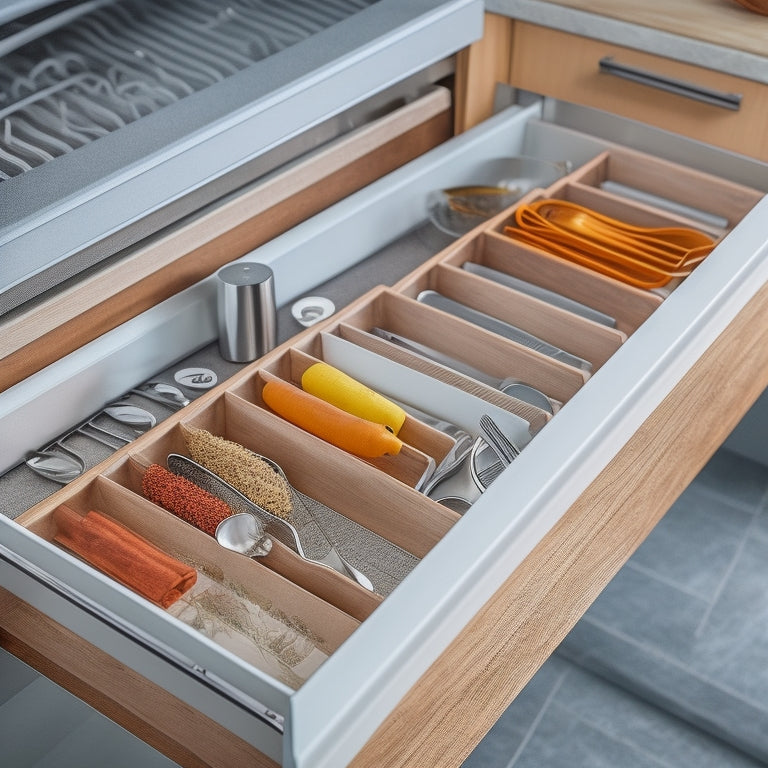 A clutter-free kitchen drawer with a custom divider system, featuring a utensil organizer, spice rack, and stackable trays, all in a sleek, modern design with a soft-close drawer slide.