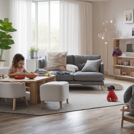 A serene, modern living room with a few, carefully chosen toys and books surrounding a minimalist play area, where a happy family of four engages in a joyful, device-free playtime.
