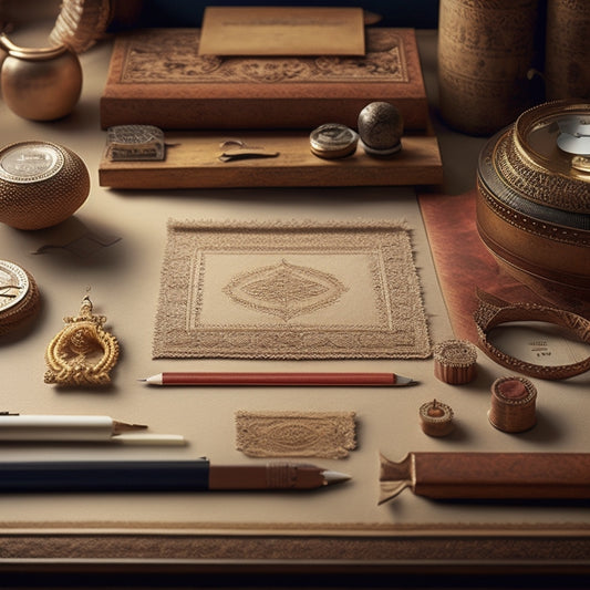 An image featuring a neatly organized workspace with a mat cutter, ruler, pencil, and a partially cut picture mat with a delicate, ornate frame in the background.