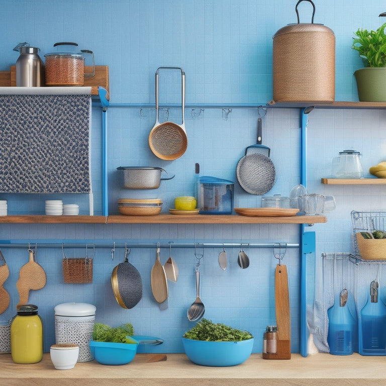 A tidy kitchen with a utensil organizer on the wall, labeled baskets on countertops, a meal prep station with containers, and a pegboard with hanging pots and pans.