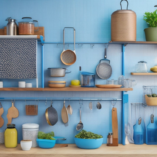 A tidy kitchen with a utensil organizer on the wall, labeled baskets on countertops, a meal prep station with containers, and a pegboard with hanging pots and pans.