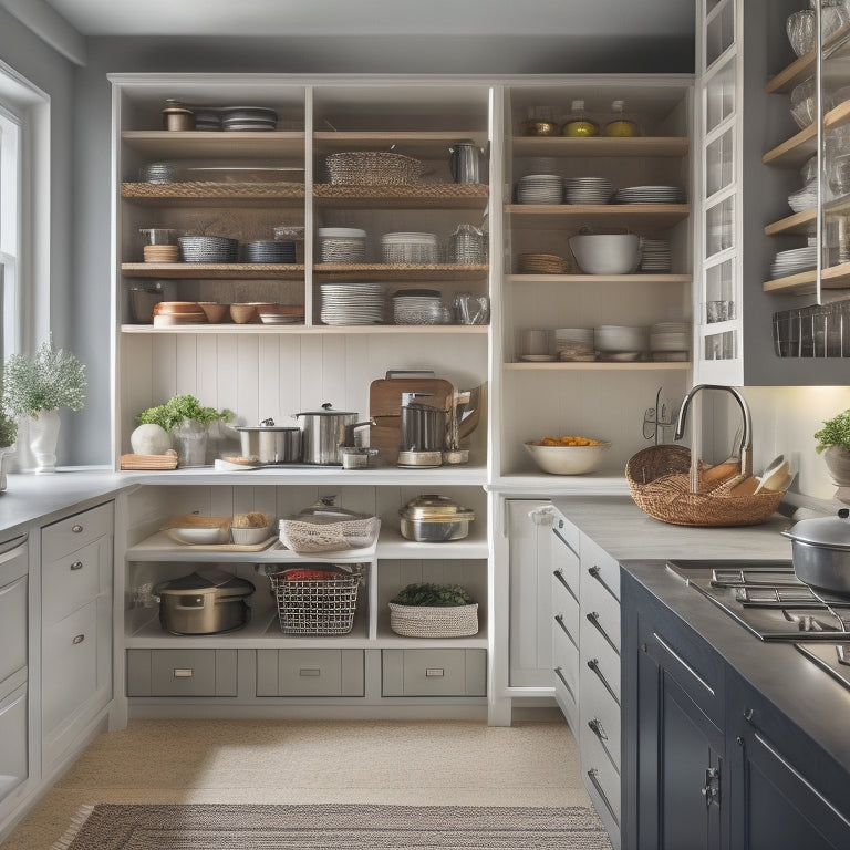 A tidy, modern kitchen with a floor-to-ceiling cabinet featuring pull-out drawers, baskets, and shelves in various sizes, showcasing organized cookware, utensils, and gourmet ingredients.