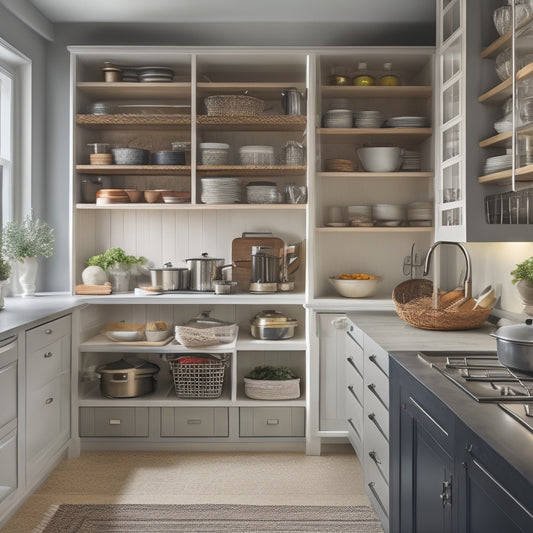 A tidy, modern kitchen with a floor-to-ceiling cabinet featuring pull-out drawers, baskets, and shelves in various sizes, showcasing organized cookware, utensils, and gourmet ingredients.