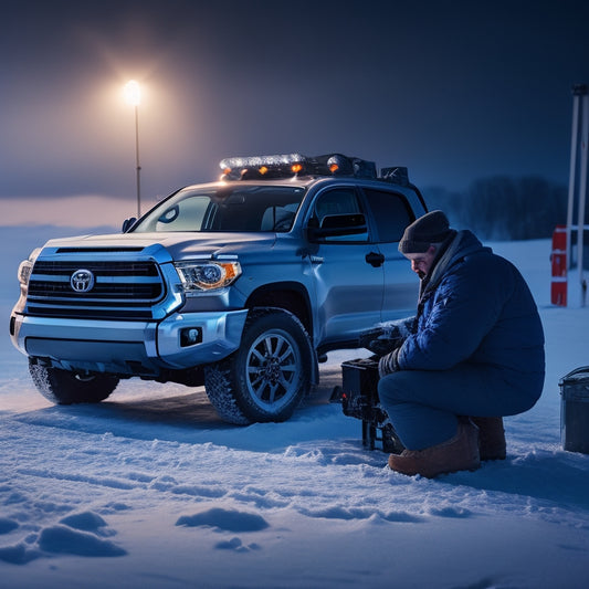 A snowy landscape with a Toyota Tundra in the distance, its headlights illuminating a mechanic in a winter jacket inspecting the engine, with a toolbox and warning triangles nearby.