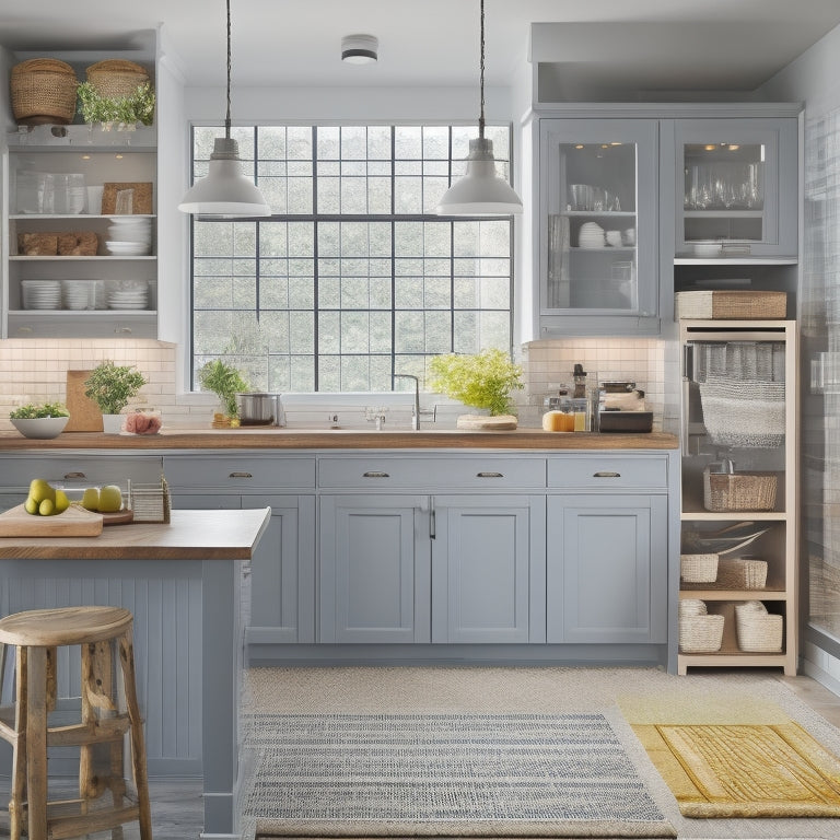 A split-level kitchen with a compact island, upper cabinets with glass doors, and a pegboard on the back of a door, showcasing a mix of decorative and functional storage solutions.