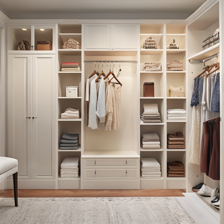 A serene, well-lit walk-in closet with creamy white walls, featuring a custom organizer system with sleek, dark wood shelves, adjustable rods, and neatly arranged shoe cubbies.