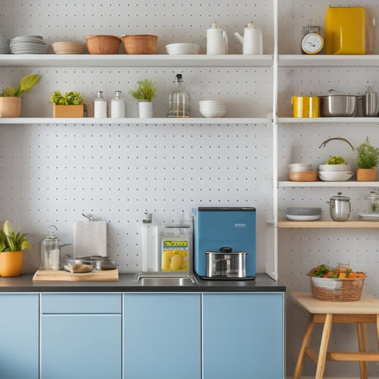 A bright, modern small kitchen with a pegboard on a wall, a utensil organizer on the counter, and a tiered shelf in a corner, surrounded by sleek appliances and minimal decor.