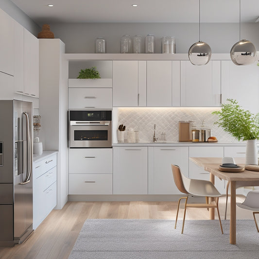 A modern kitchen with sleek white cabinets, featuring a pull-out spice rack, a slide-out trash can, and a hidden appliance garage, surrounded by warm lighting and minimal decor.