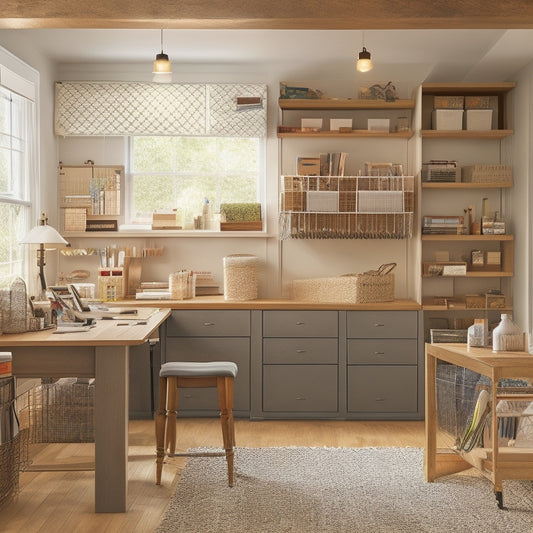 A tidy, well-lit craft room with a wooden desk, surrounded by matching storage cabinets, woven baskets, and labeled drawers, featuring a rotating pegboard with hanging tools and supplies.