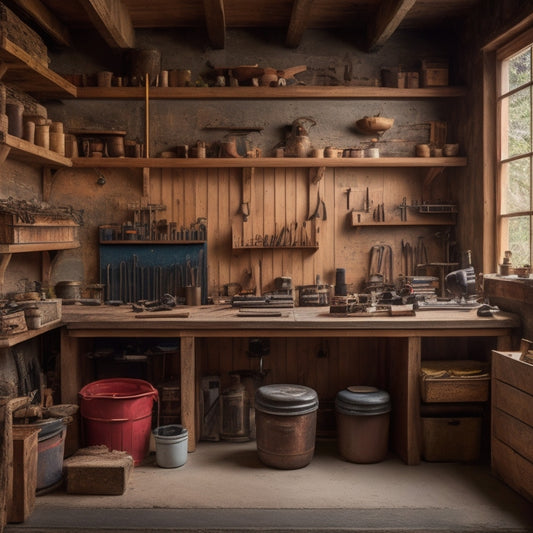 A tidy workshop with a wooden workbench, surrounded by built-in shelving units made from reclaimed wood and metal pipes, holding various storage bins, tools, and DIY materials.