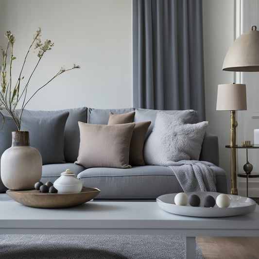 A serene, minimalist living room with a few, carefully selected decorative items on a shelf, a tidy vase on a coffee table, and a few, neatly arranged throw pillows on a couch.