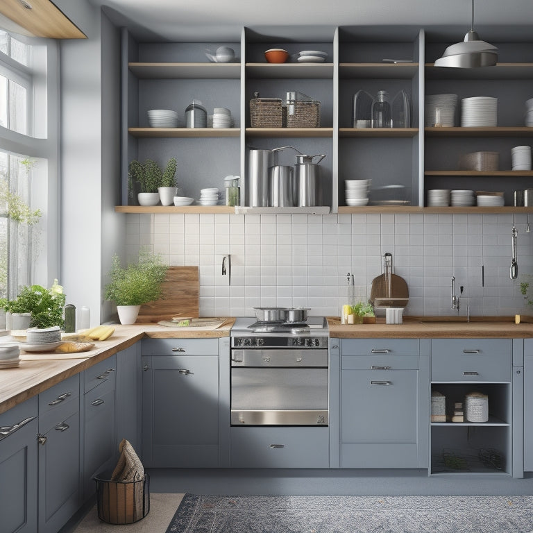 A modern kitchen with a stainless steel sink, surrounded by a mix of open shelving, cabinets, and hanging racks, showcasing various storage solutions for utensils, dishes, and cleaning supplies.