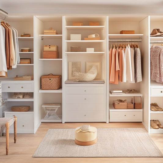 An organized walk-in closet with sleek white shelves, a wooden island in the center, and a soft, cream-colored rug, surrounded by minimalist decorative elements and a few stylish outfits on display.