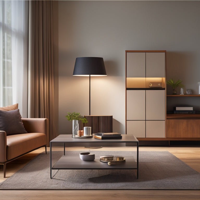 A minimalist living room with a sleek coffee table featuring a hidden compartment, a floor lamp with a secret drawer, and a hollowed-out bookshelf storing a small safe.