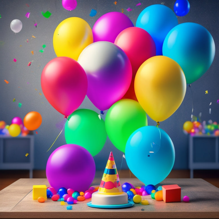 A whimsical illustration of a periodic table with each element replaced by a pun-filled symbol, surrounded by colorful balloons, confetti, and a giant smiley face wearing a party hat.