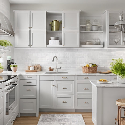 A bright, modern kitchen with open cabinets showcasing clever storage solutions: tiered baskets, pull-out shelves, and hanging utensils, surrounded by sleek countertops and minimalist decor.