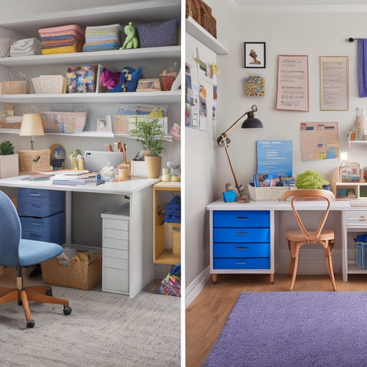 A cluttered home office with toys and laundry scattered around a frazzled working mom, transformed into a tidy space with a few strategically-placed storage bins and a "to-do" list on a minimalist desk.