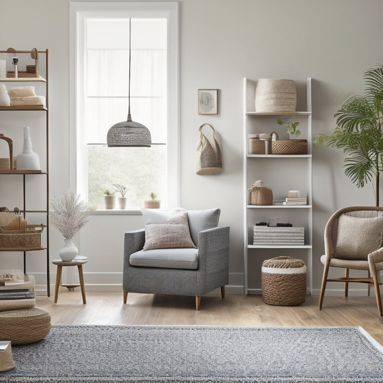 A serene, well-lit living room with a minimalist aesthetic, featuring a sleek storage ottoman, woven baskets, and a ladder bookshelf, with a few strategically placed decorative objects.