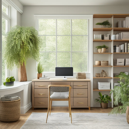 A serene, minimalist home office with a custom-built, floor-to-ceiling shelving unit, featuring woven baskets and sleek, metallic drawers, surrounded by lush greenery and natural light.