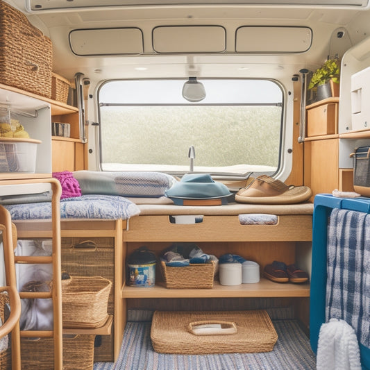 A campervan interior with opened storage compartments, baskets, and bins in various shapes and sizes, showcasing organized clutter-free spaces, and cleverly repurposed items like woven crates and hanging nets.