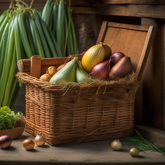 A rustic wooden crate, surrounded by woven baskets and vintage gardening tools, filled with a pyramid of perfectly preserved garden onions, each one wrapped in brown paper and twine.