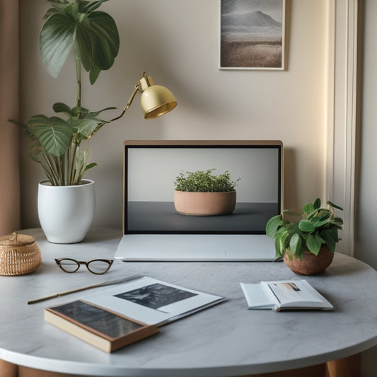 A serene, minimalist desk with a few, neatly organized photography albums and a sleek laptop, surrounded by a few framed photos and a small potted plant, against a soft, creamy background.