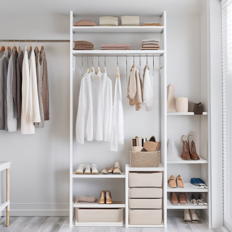 An organized, minimalist closet with a ladder, slide-out shelves, and hanging rods with multi-tiered clothing organizers, set against a white backdrop with soft, natural light.