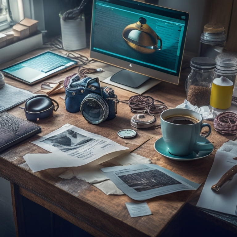 A cluttered desk with a laptop buried under piles of crumpled papers, empty coffee cups, and tangled cords, with a faint image of a clock in the background, its hands blurred and speeding by.