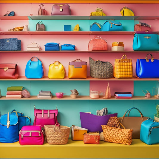 A colorful, clutter-free background featuring a dozen assorted purses of varying shapes, sizes, and materials, arranged neatly on shelves, hooks, and in cubbies, with a few strategically placed dividers and baskets.