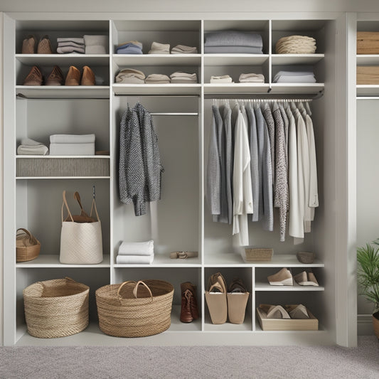 A serene, light-filled closet interior with sleek, custom shelving, neatly arranged clothing on velvet hangers, and a few strategically placed woven baskets, all set against a soothing, pale gray backdrop.