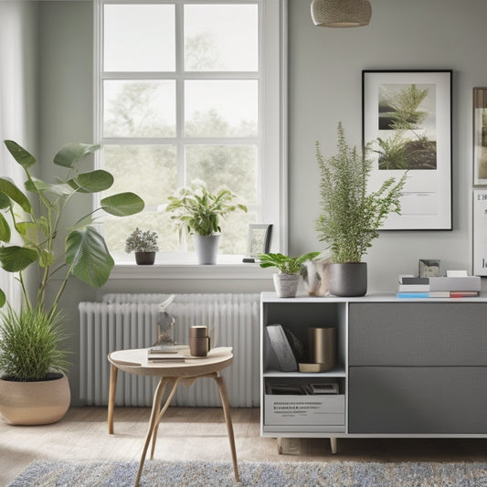 A serene, clutter-free living room with a minimalist desk, labeled storage bins, and a color-coded calendar on the wall, surrounded by calm, natural elements like plants and a vase with fresh flowers.