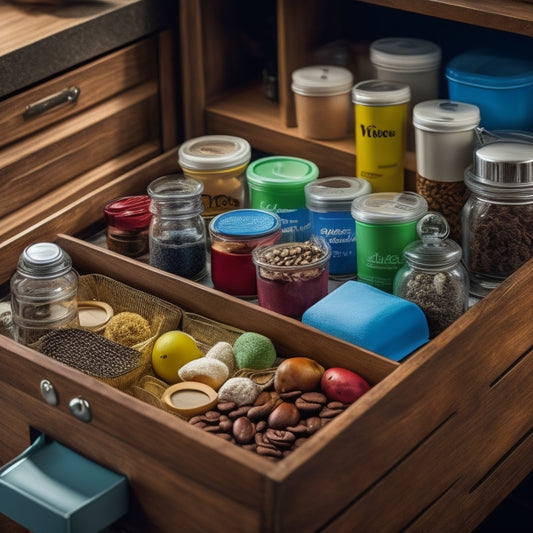A tidy, well-lit drawer filled with an assortment of colorful coffee-themed containers, baskets, and dividers, showcasing a variety of coffee supplies, including bags of coffee beans, creamers, and sugar packets.