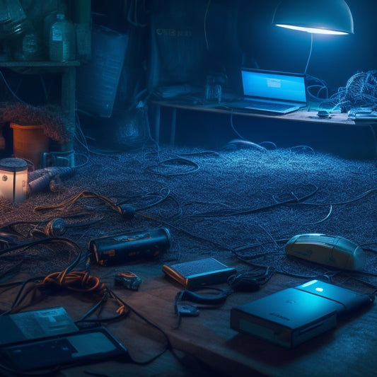A messy, dimly lit digital landscape with tangled cords, broken gadgets, and forgotten passwords scattered amidst a haze of foggy screens and discarded device shells.