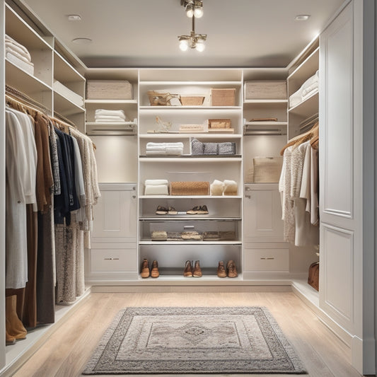 A serene, walk-in closet with creamy white walls, dark wood floors, and floor-to-ceiling shelves displaying neatly organized clothes, shoes, and accessories, illuminated by soft, warm lighting.