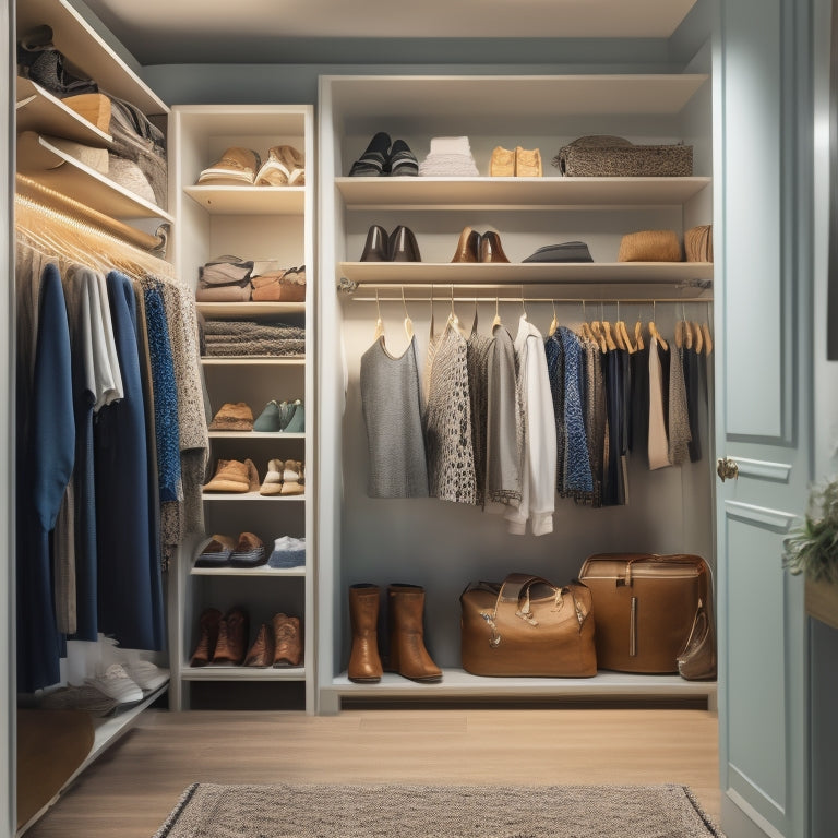 A serene, well-lit closet interior with neatly arranged clothes, shoes, and accessories on shelves, in bins, and on hooks, with a few empty spaces to convey a sense of calm and control.