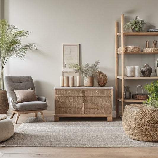 A serene, well-organized living room with a minimalist aesthetic, featuring a wooden shelving unit with woven baskets, a woven rug, and a few potted plants on a natural stone coffee table.