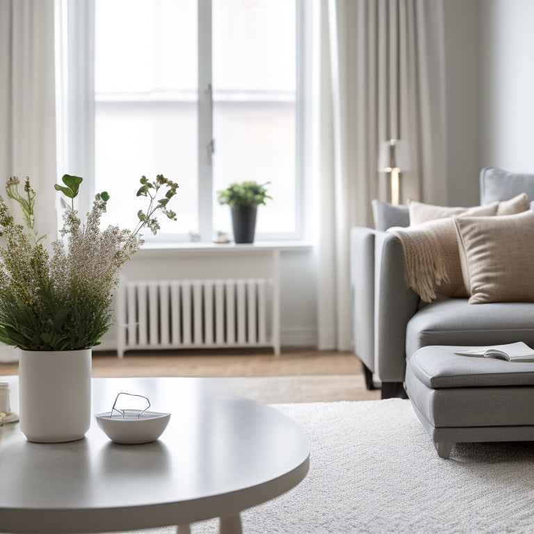 A serene, minimalist living room with a laptop on a tidy coffee table, surrounded by a few organized storage bins and a vase with fresh flowers, in soft, natural light.