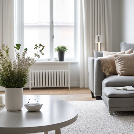 A serene, minimalist living room with a laptop on a tidy coffee table, surrounded by a few organized storage bins and a vase with fresh flowers, in soft, natural light.