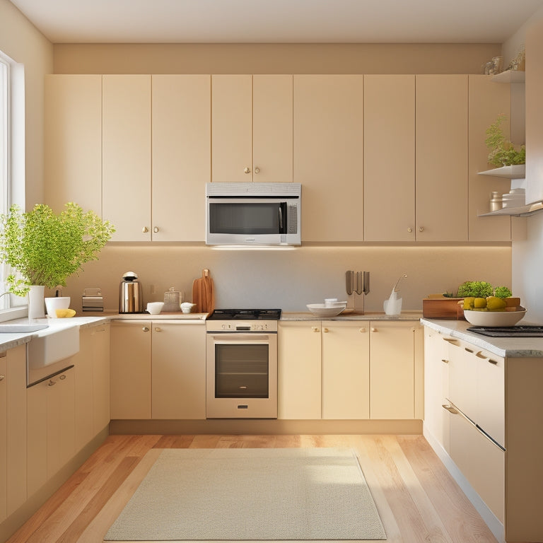 A minimalist kitchen with cream-colored walls, featuring three custom cabinets with adjustable shelves in a warm wood tone, surrounded by sleek countertops and stainless steel appliances.