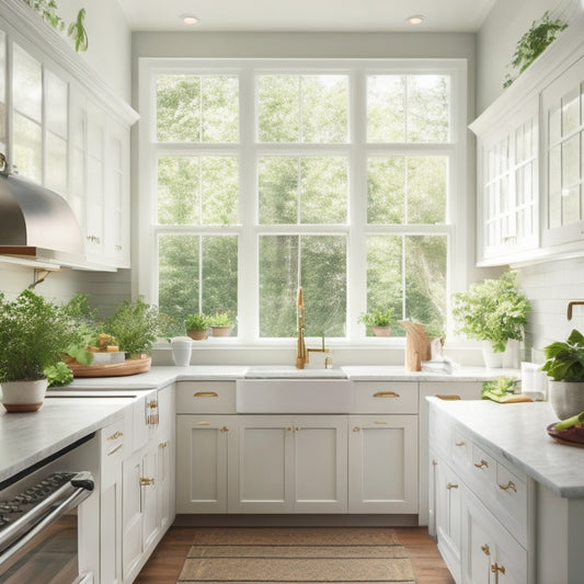 A bright, airy kitchen with white Shaker cabinets, warm wood accents, and a farmhouse sink, surrounded by lush greenery and natural light pouring in through a large skylight.