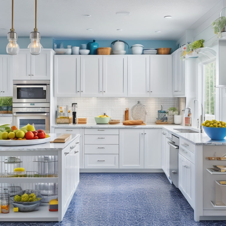 A bright, modern kitchen with sleek white cabinets, stainless steel appliances, and a large island in the center, featuring neatly organized jars, baskets, and utensils with colorful labels.