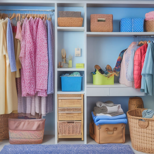 A brightly lit, organized dorm closet with a mix of open shelves, drawers, and hanging rods, featuring a woven laundry basket, a few stylish outfits, and a few decorative accessories.