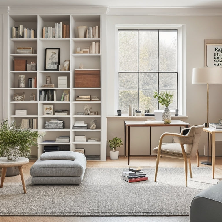 A serene, clutter-free living room with a minimalist desk, a few neatly labeled storage bins, and a floor-to-ceiling shelf with organized books and decorative objects in soft, natural light.