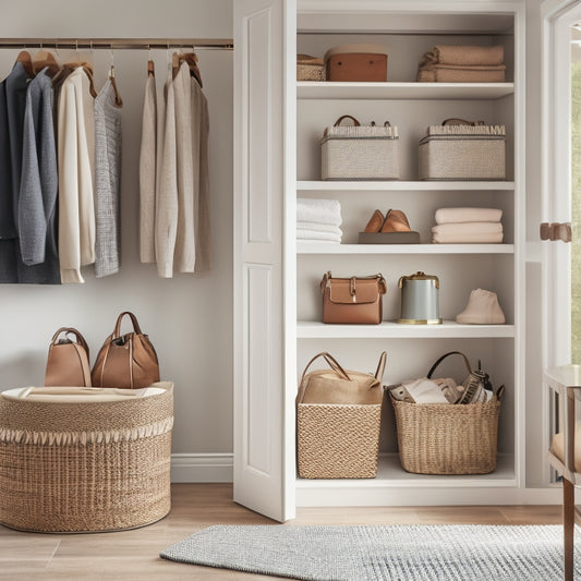 A serene, neatly organized closet interior with a mix of wooden and metal shelves, wicker baskets, and hanging rods, featuring a few stylish outfits and a few clever storage hacks.